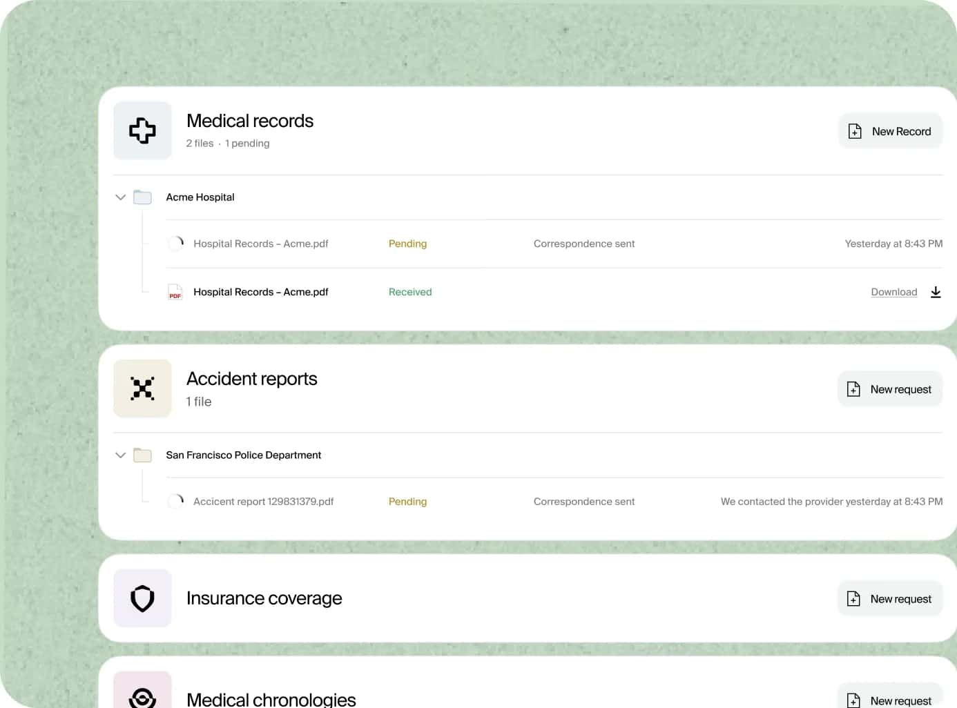 Tavrn request list: medical records, accident reports, insurance coverage and medical chronologies with live status