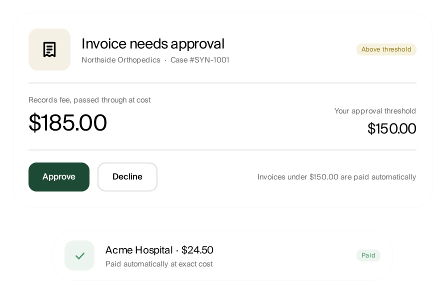 Tavrn invoice approval: a records fee above your approval threshold waiting for approve or decline, and a smaller fee paid automatically at cost
