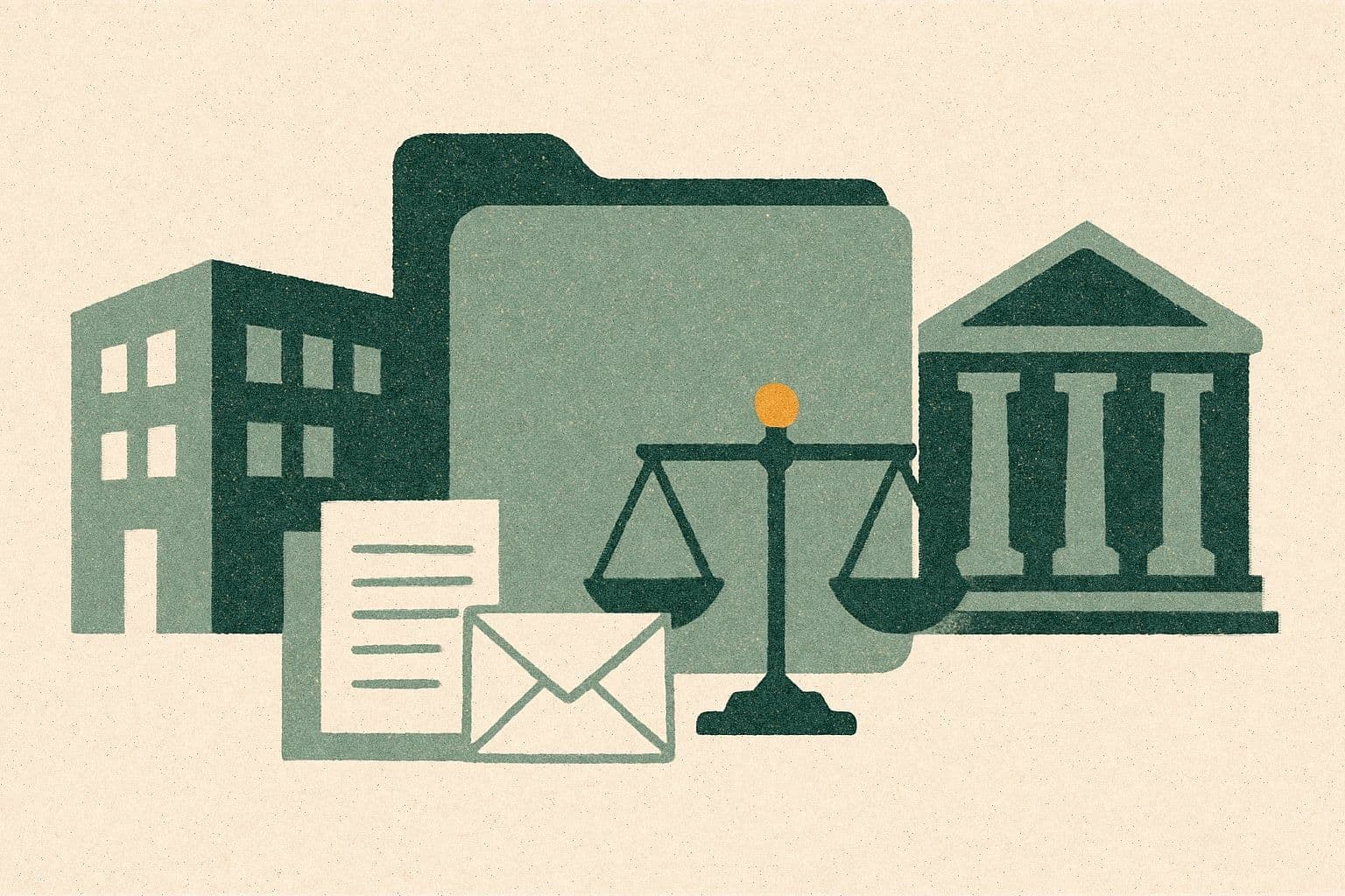 Illustration of a folder, documents, and envelope between a clinic and courthouse, with a small scale.