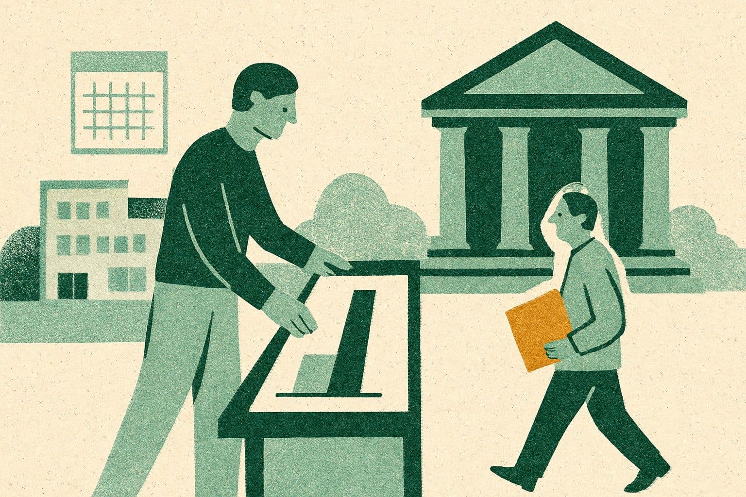 Illustration of two office figures, a folder, courthouse, capped chart, clinic, and calendar.