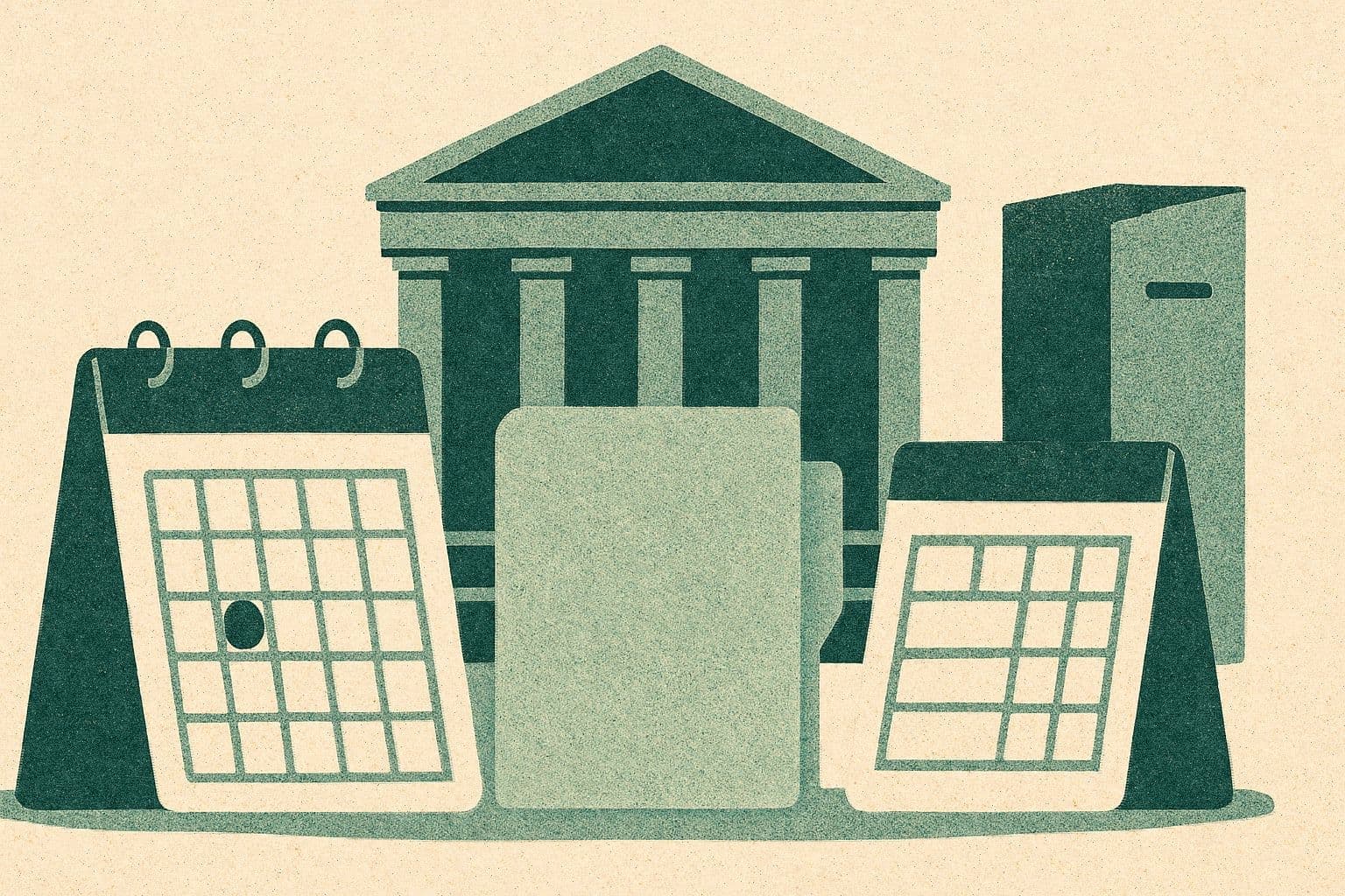 Illustration of two calendars, a plain folder, a courthouse building, and a tall archive box.