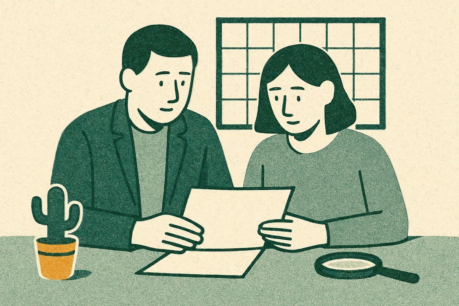 Illustration of two people reviewing papers at a desk with a calendar and a cactus