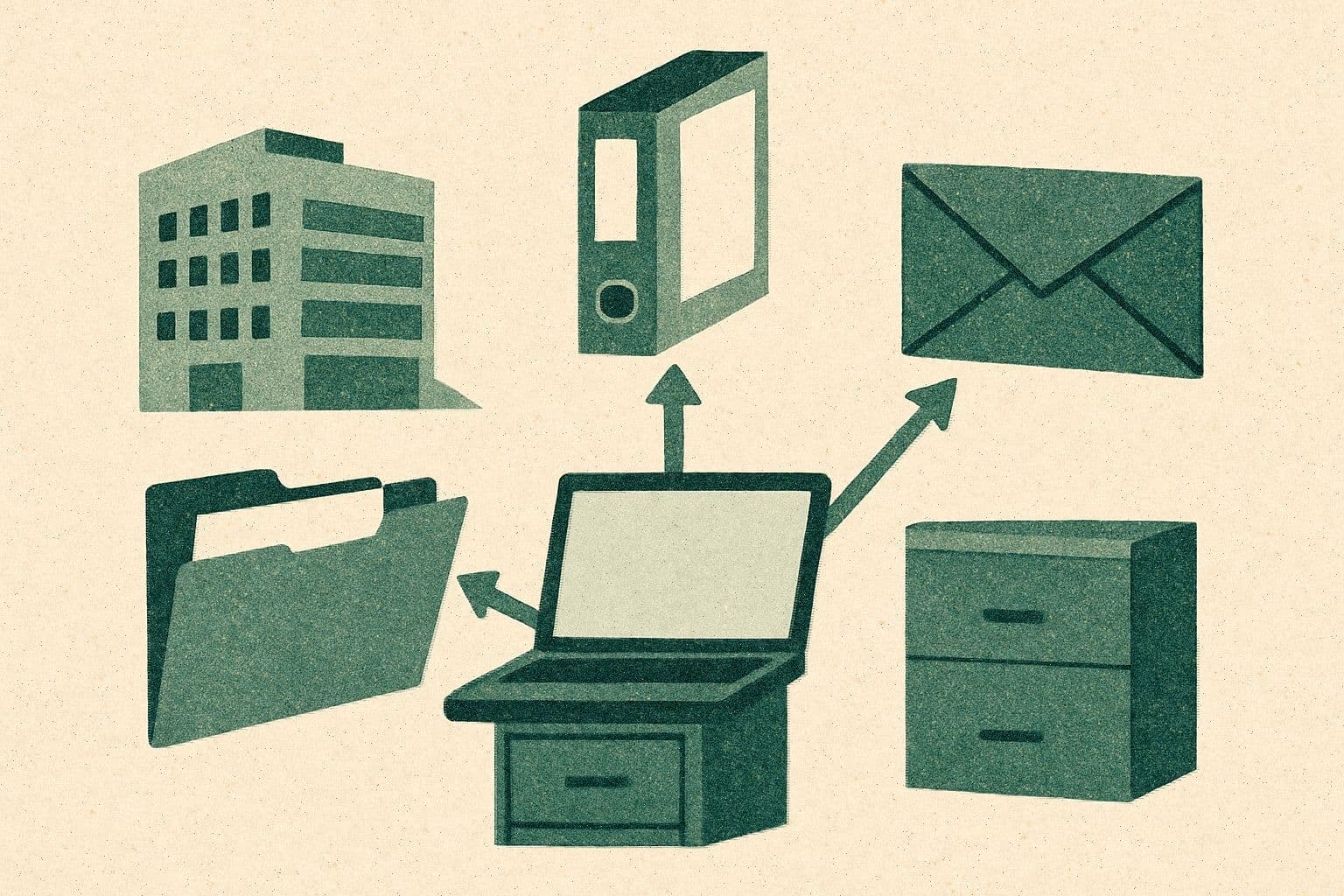 Illustration of a laptop sending documents to a folder, binder, and envelope with a filing cabinet.