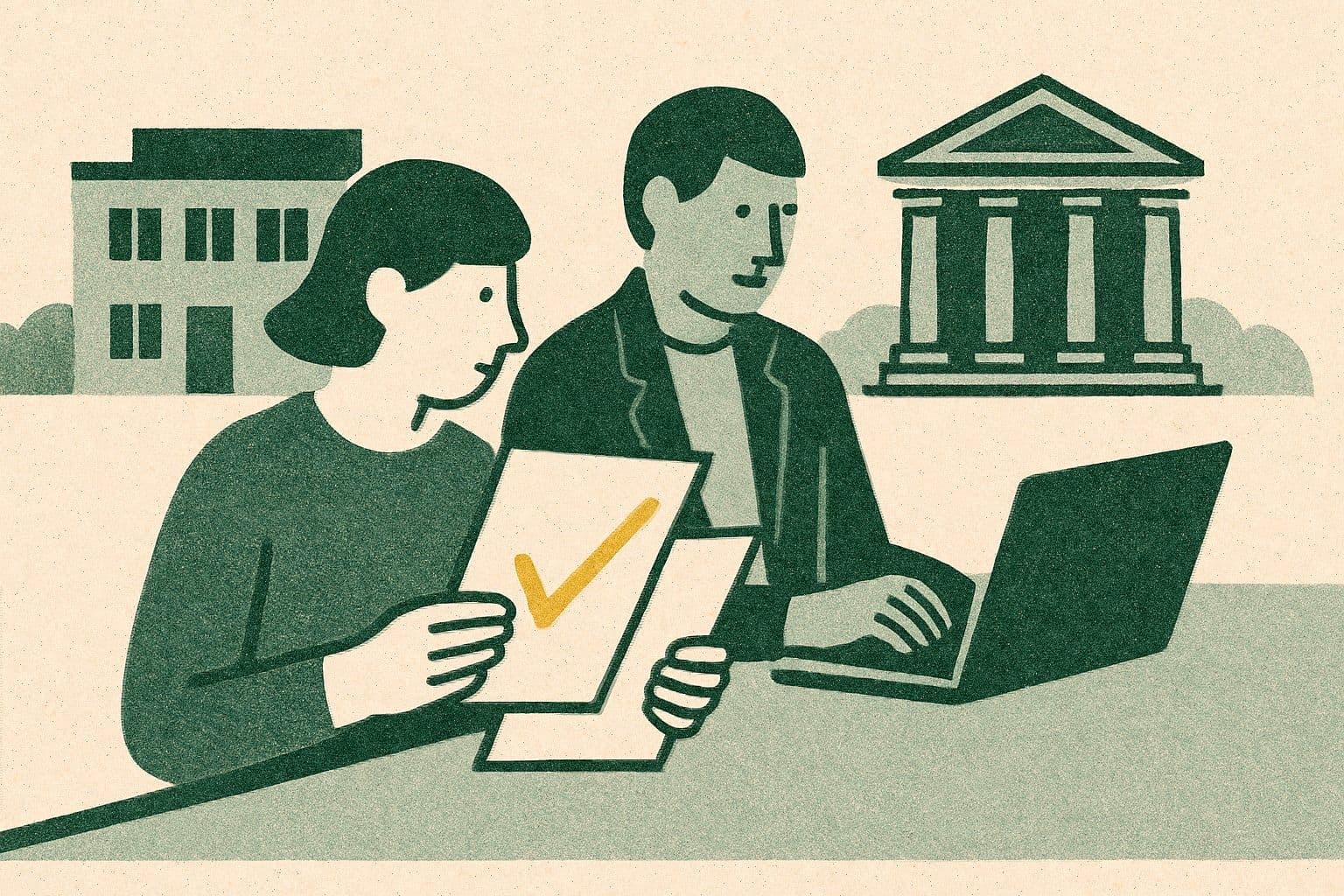 Illustration of two office figures comparing documents at a desk with a laptop, clinic, and courthouse.