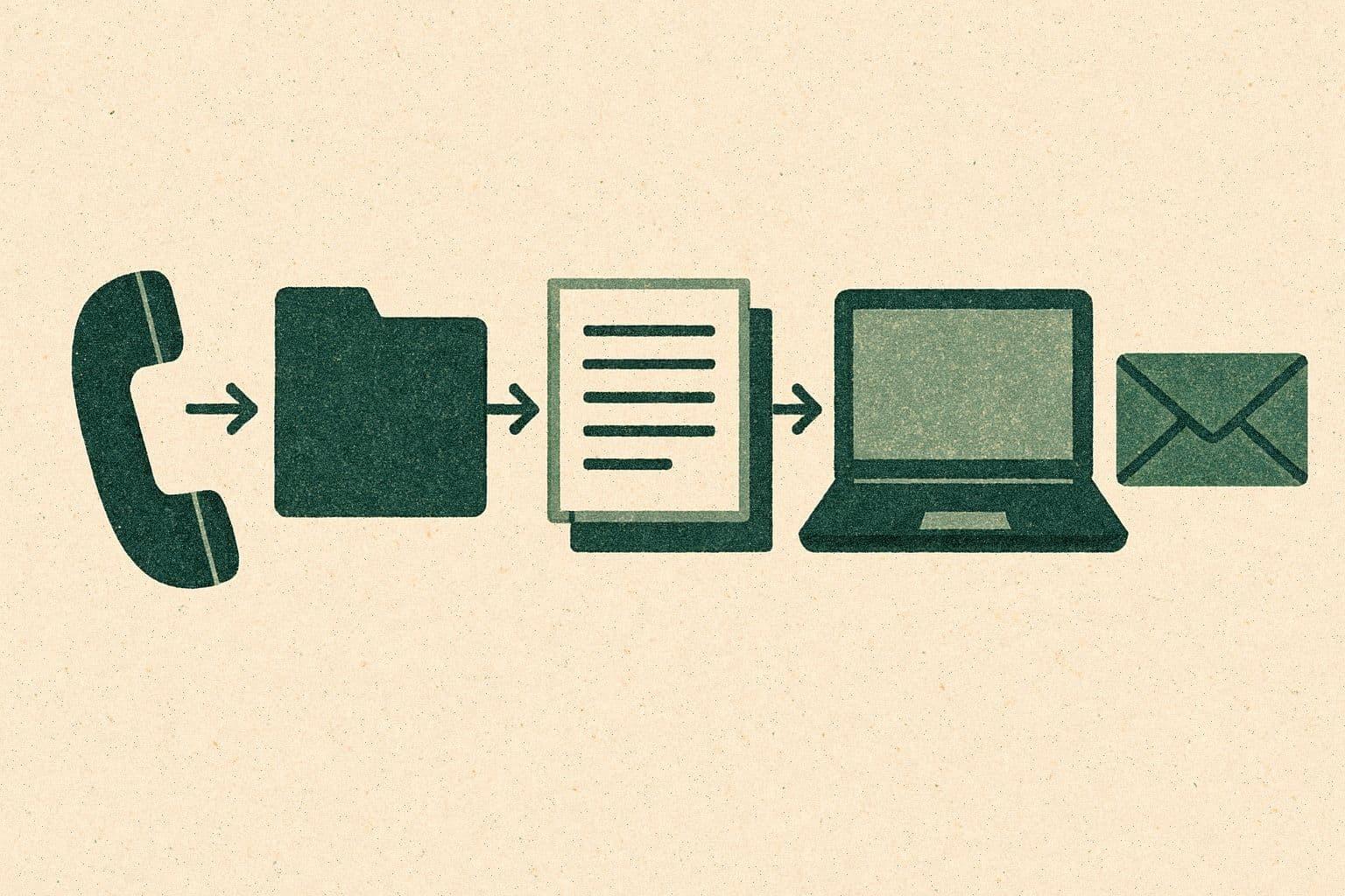 Illustration of a phone, folder, document stack, laptop, and envelope linked in a row.