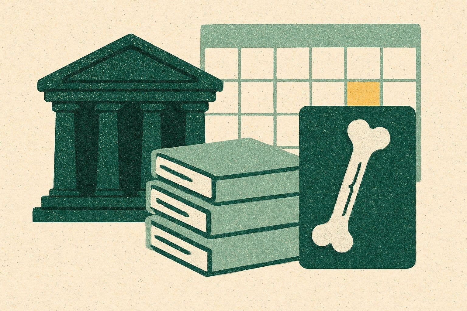 Illustration of a courthouse, binders, a simple bone-shaped board, and a calendar.