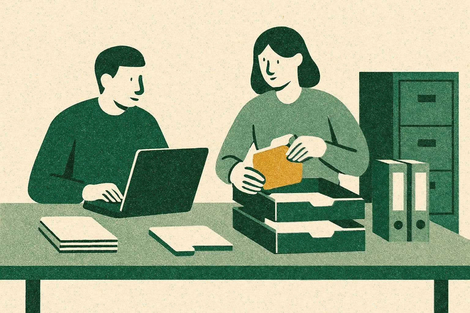 Illustration of two office figures at a desk with a laptop, folder trays, a filing cabinet, and binders.