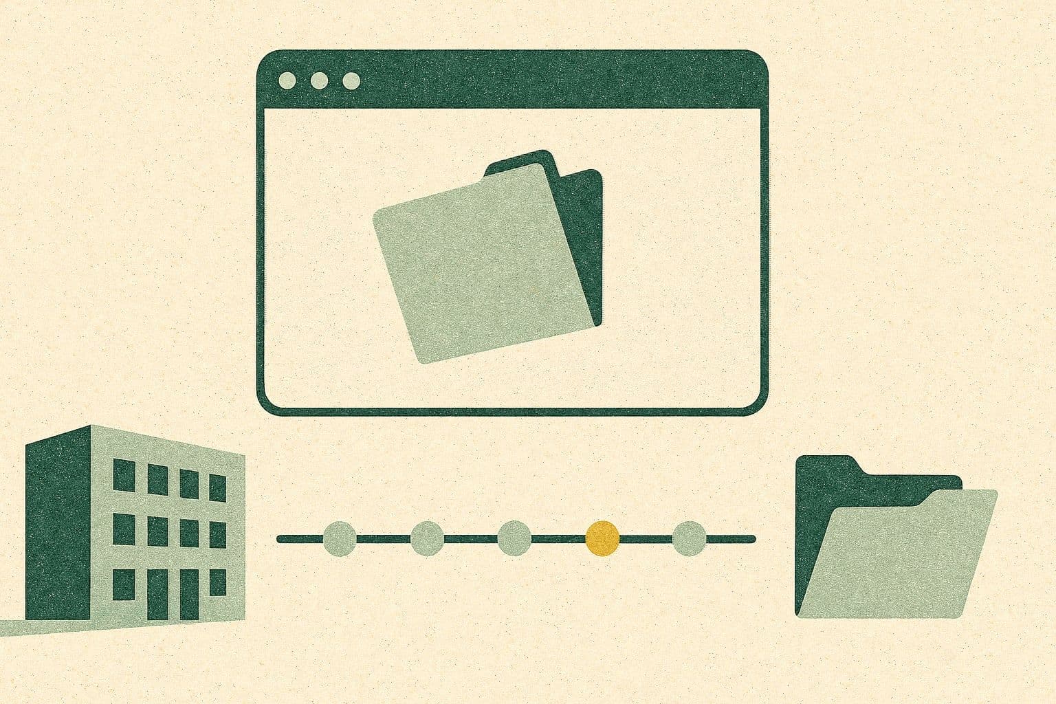A blank browser window with a folder sliding into it, above a progress track running from a provider building to an open file folder, one checkpoint highlighted
