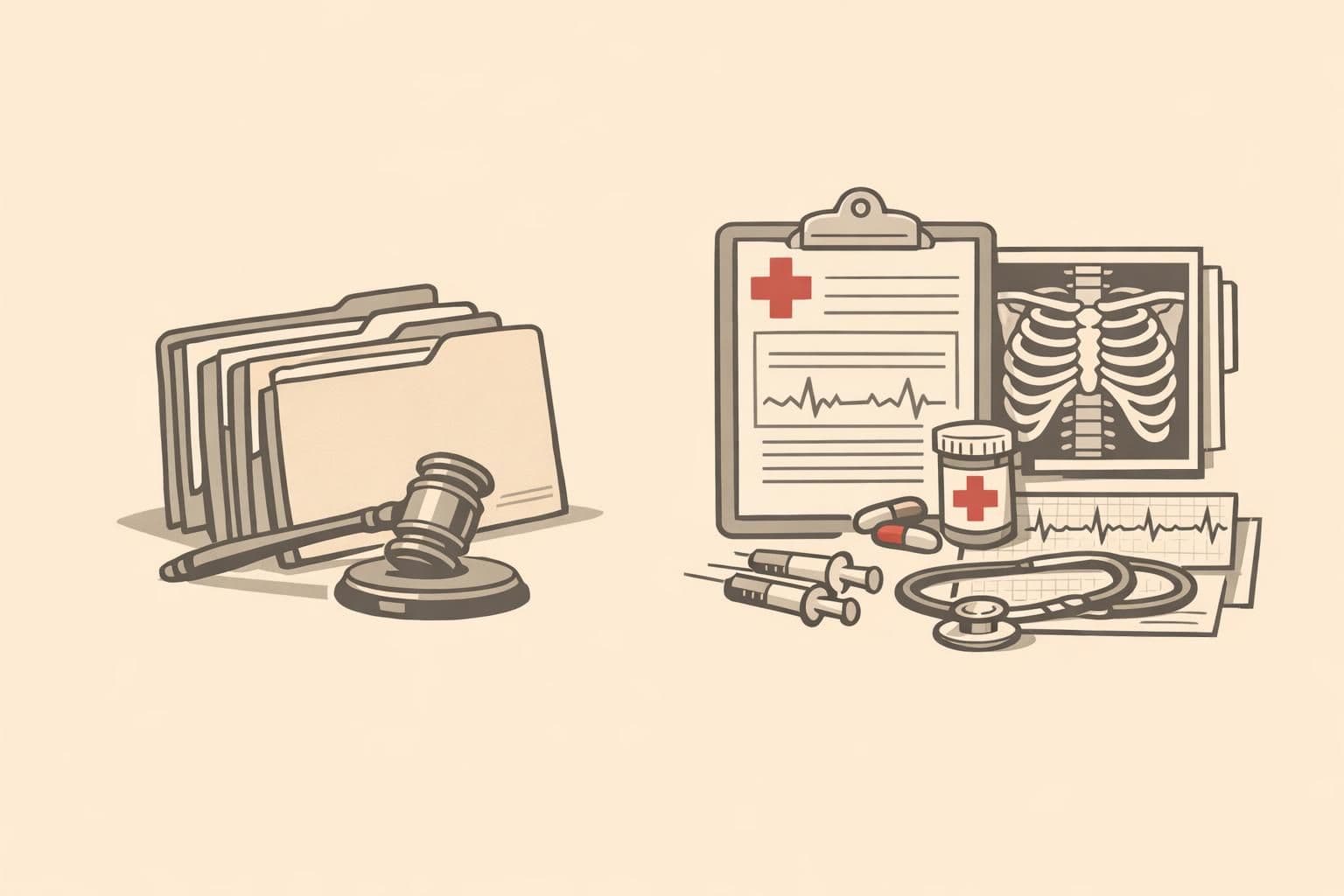 Legal folders beside organized medical records