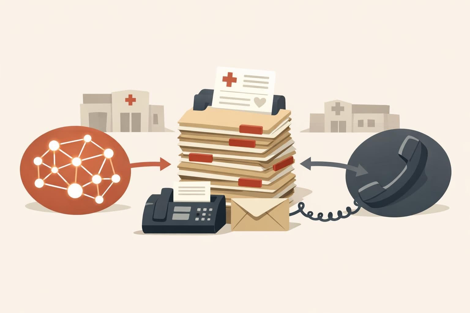 Illustration of a stack of medical record folders reached three ways: a network node graph, a fax machine with an envelope, and a phone handset, with clinic buildings behind.