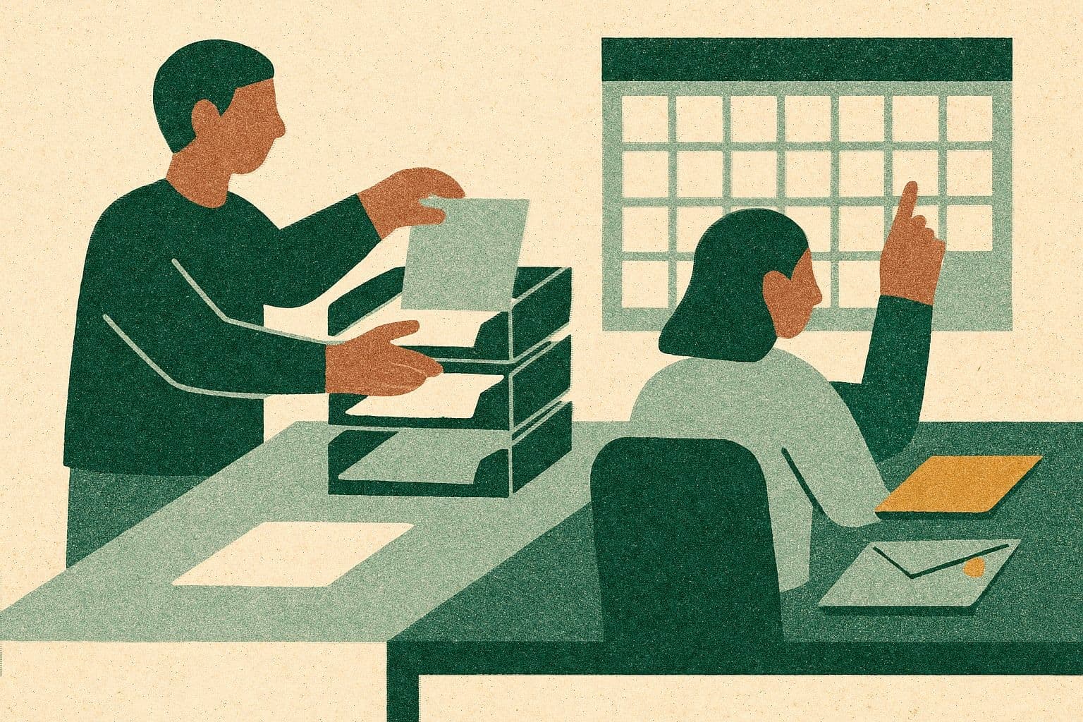 Illustration of two office figures sorting documents into trays beside a calendar, folder, and late envelope.