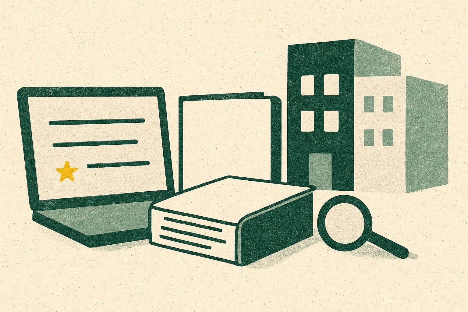 Illustration of a laptop, document stack, binder, and magnifying glass arranged for software review.