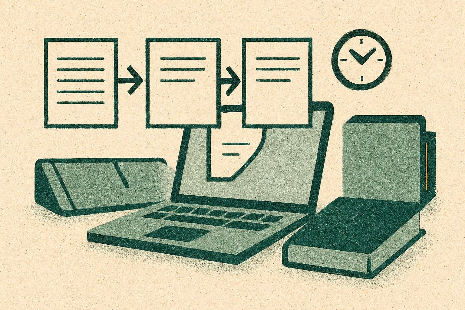 Illustration of a laptop, open binder, three documents, small clock, and closed folder.