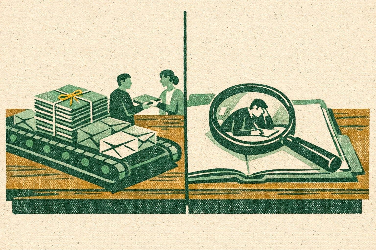 Illustration of a desk split in two: bundled record folders on a conveyor on one side, a magnifying glass over an open file on the other