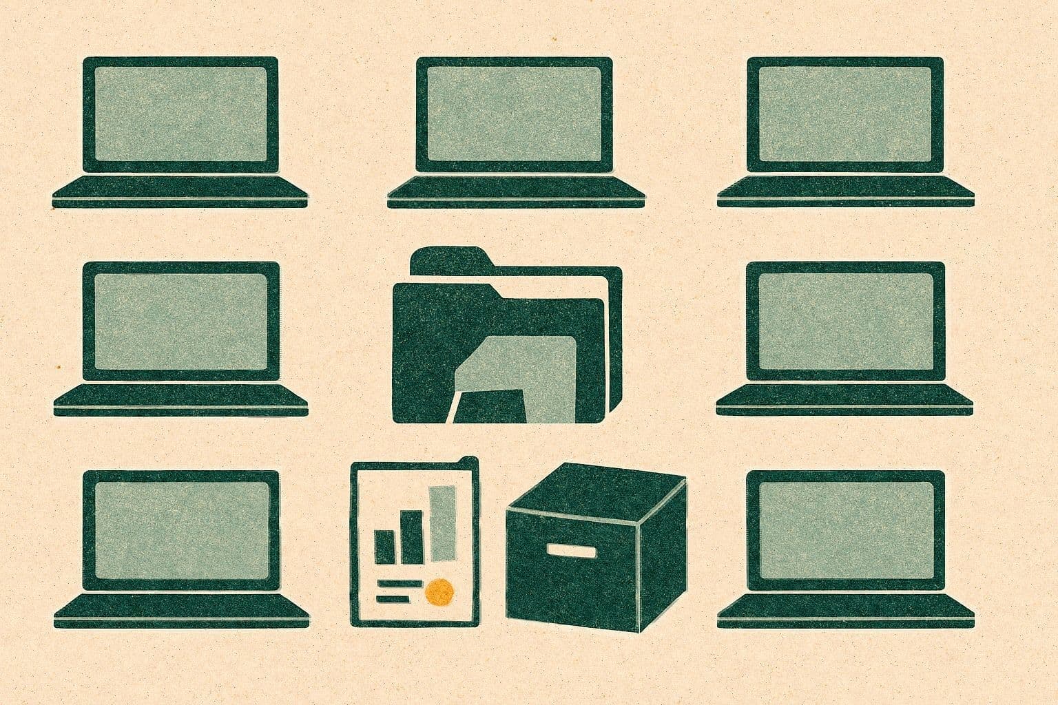 Illustration of ten plain laptop screens around a folder, with a chart, binder, and archive box.