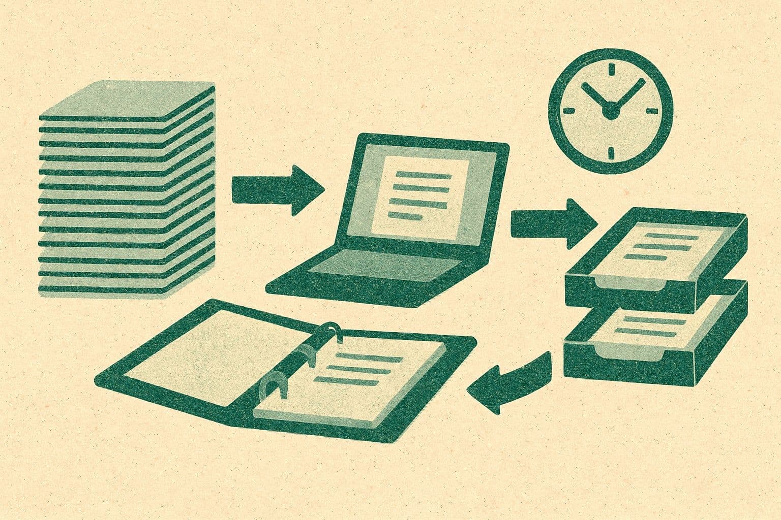 Illustration of document stack, open binder, laptop, two trays, and a small clock in a review workflow.