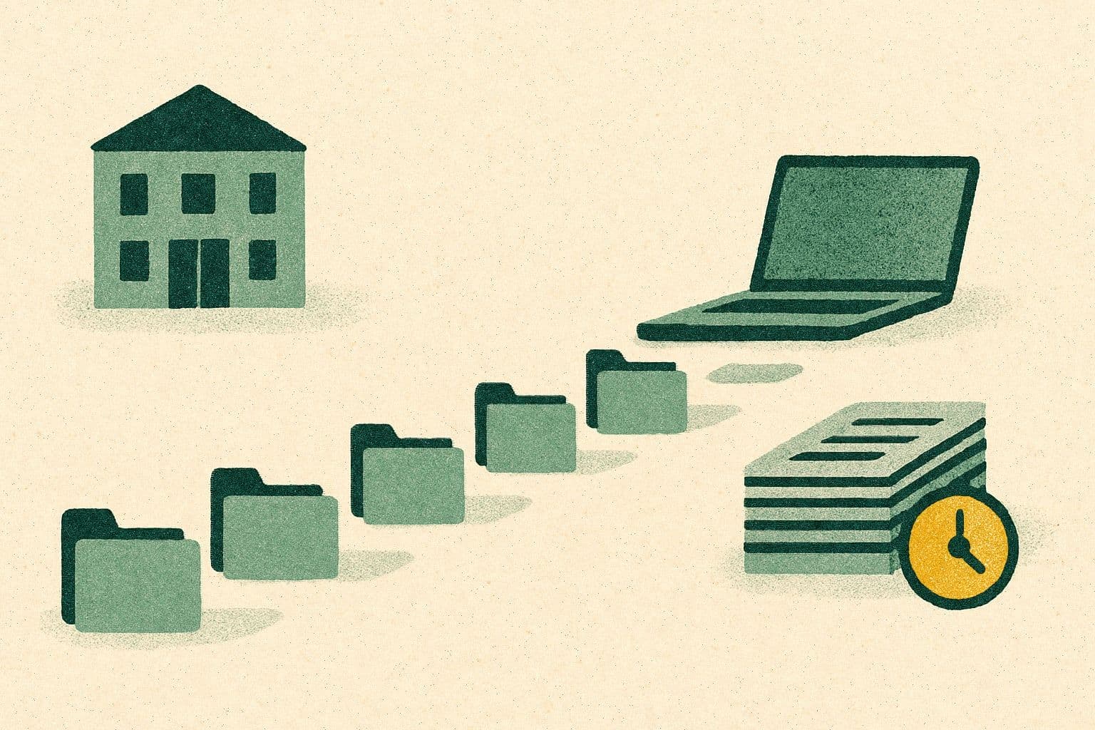 Illustration of eight folders on a path from a clinic to a laptop and stack of pages with a clock.