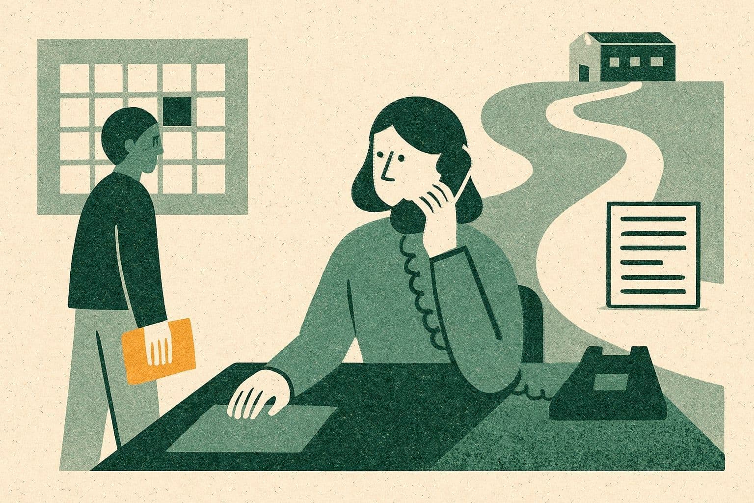 Illustration of two office figures, phone, folder, calendar, clinic building, winding path, and distant page stack.