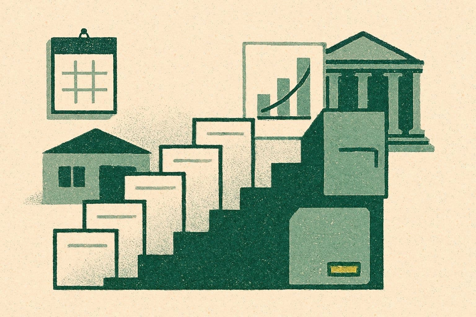 Illustration of a clinic, courthouse, stepped document stack, calendar, folder, and small chart.