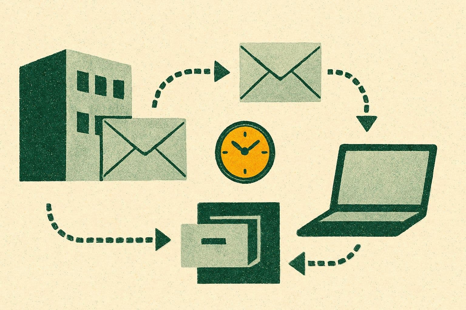 Illustration of an envelope moving along a six-step path between a clinic, filing cabinet, and laptop with a clock.
