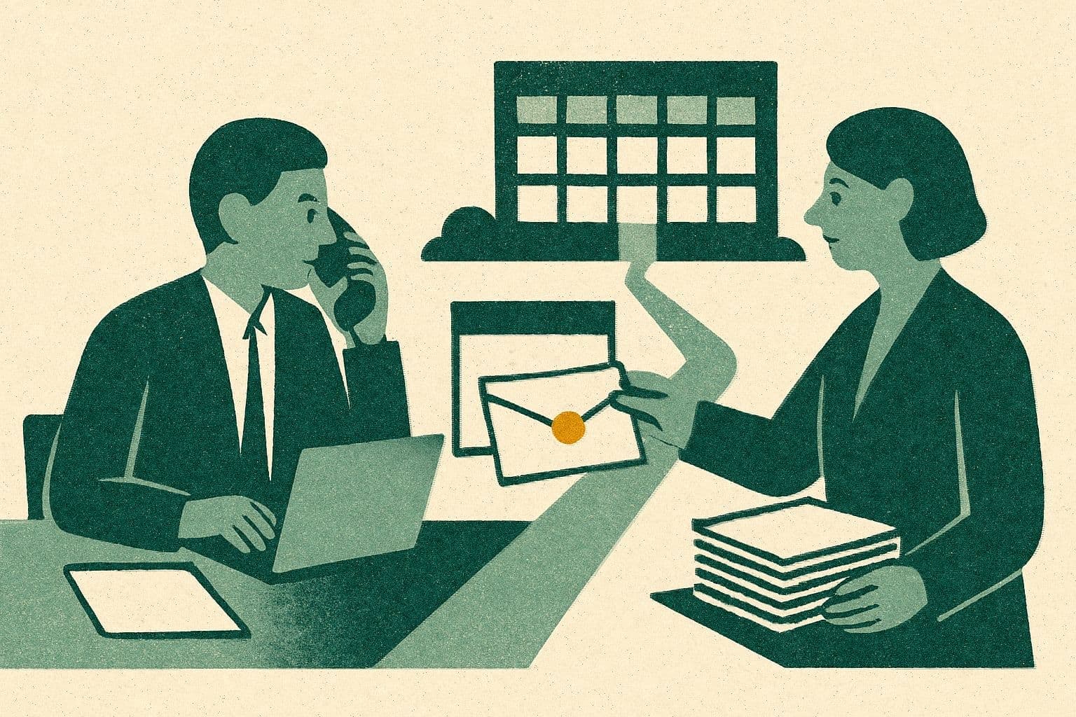 Illustration of two office figures, a phone, envelope, calendar, clinic, and stack of pages on a straight path.