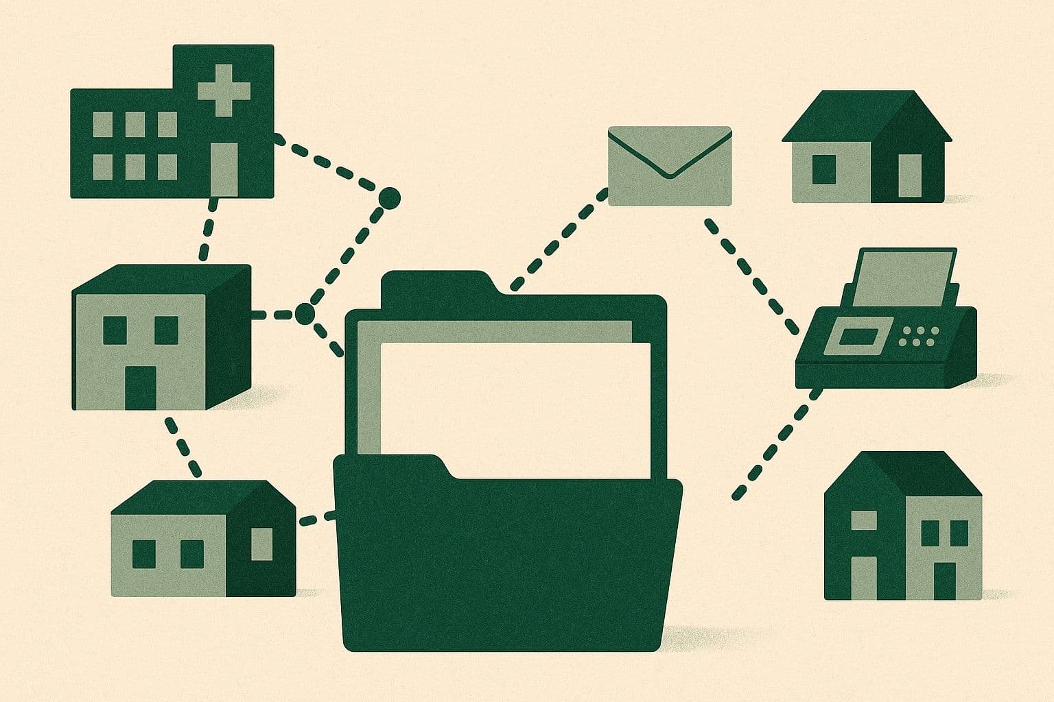 Illustration of connected provider buildings on a dashed network feeding one file folder, while separate buildings reach it by envelope and fax