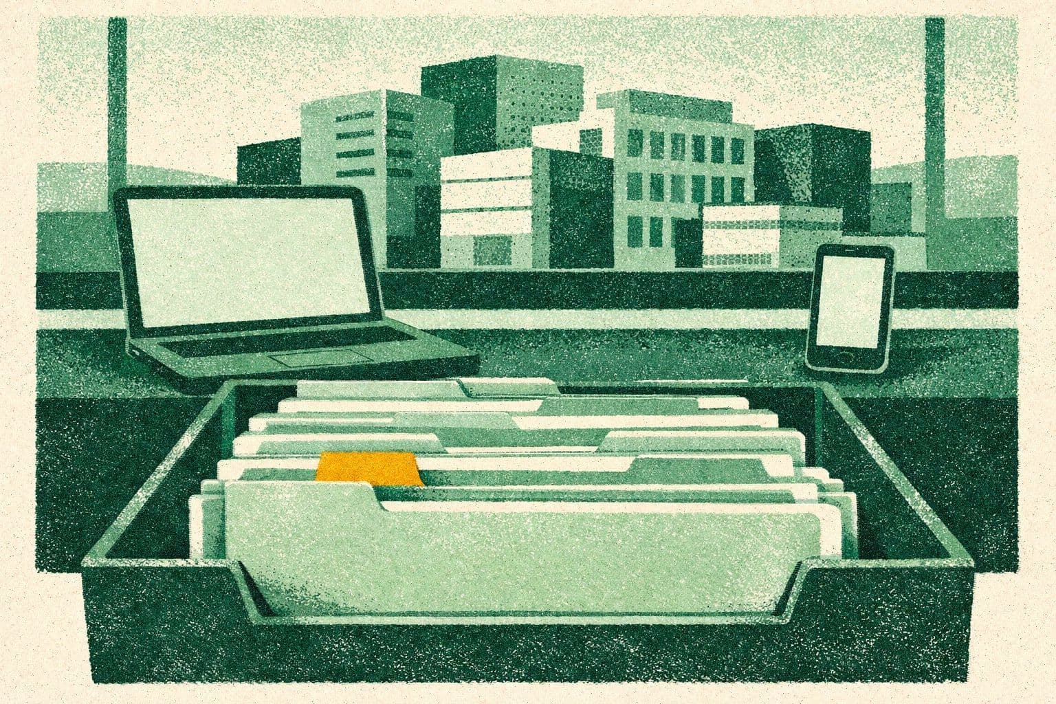 Illustration of a filing tray of patient record folders in front of a laptop and smartphone, with clinic buildings visible through the window