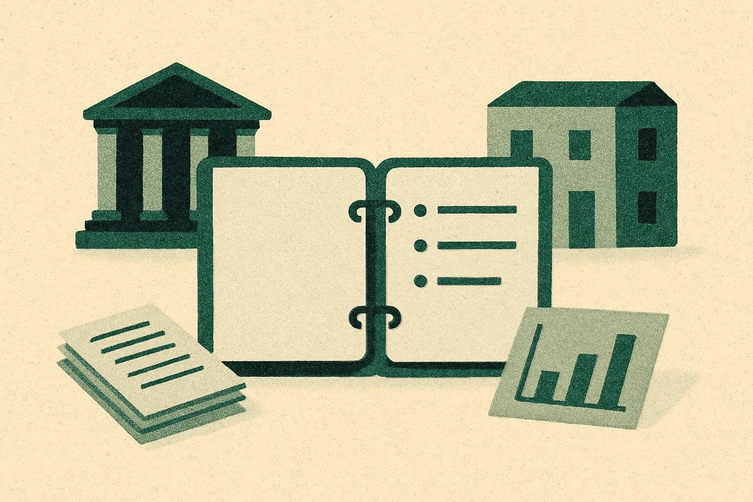 Illustration of a courthouse, clinic, open binder, document stack, and simple chart.