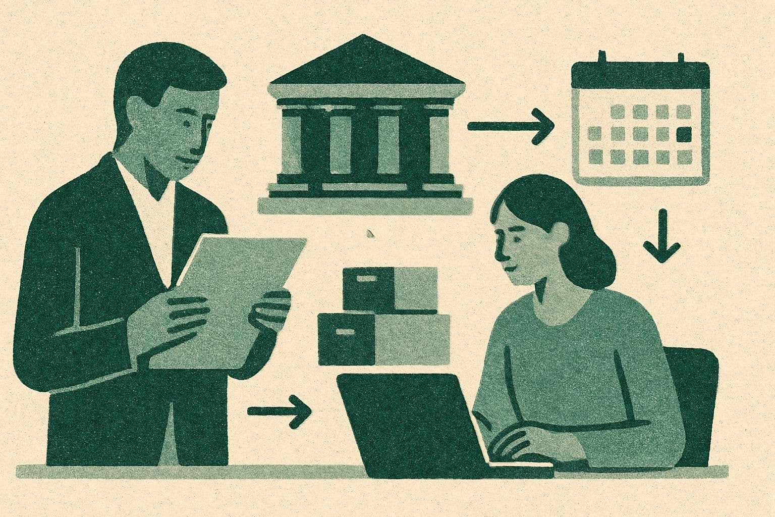 Illustration of two office figures reviewing files and a laptop with a courthouse, boxes, and calendar.