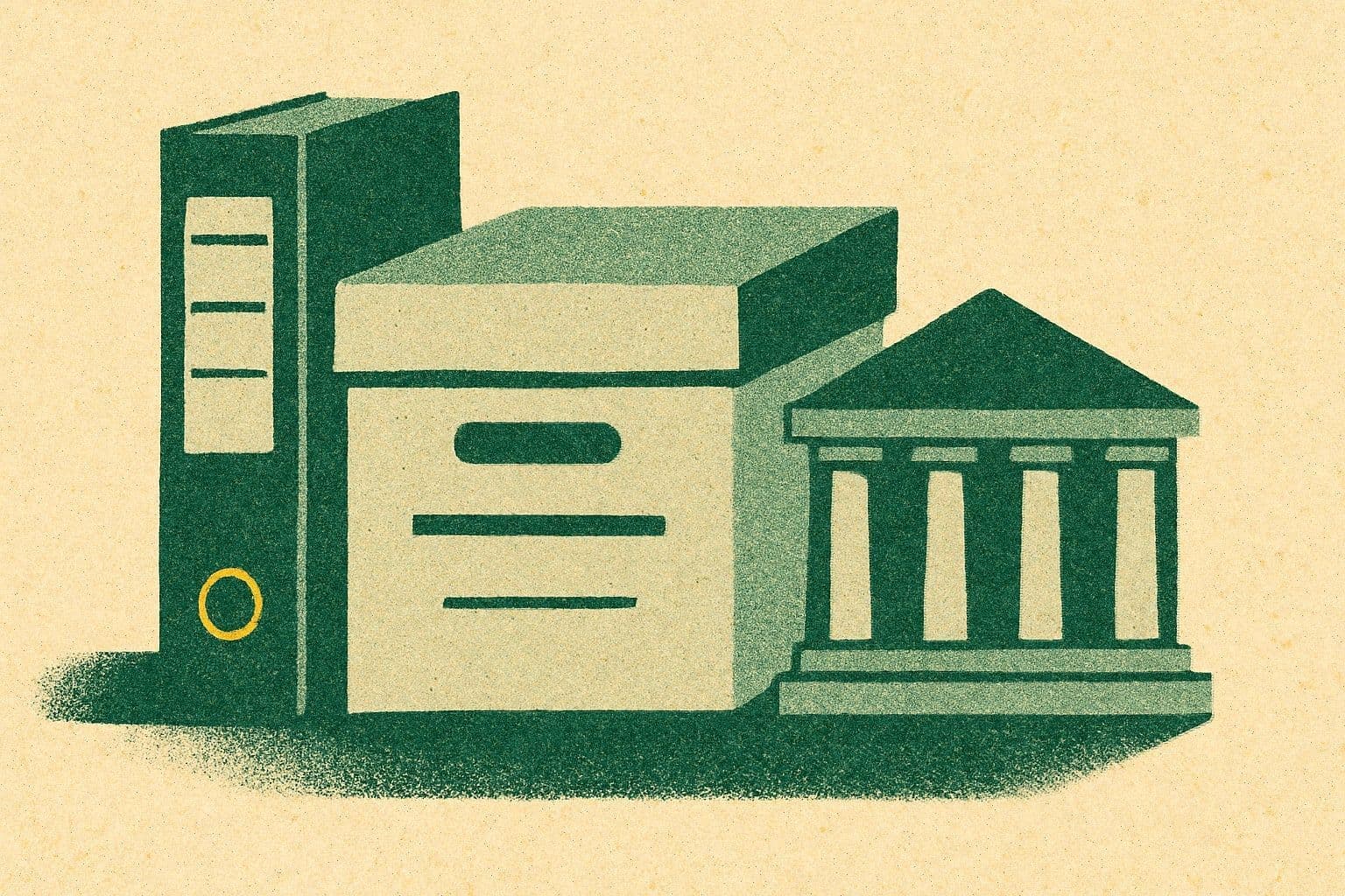 Illustration of a ring binder, a document box, and a courthouse building grouped on a desk.