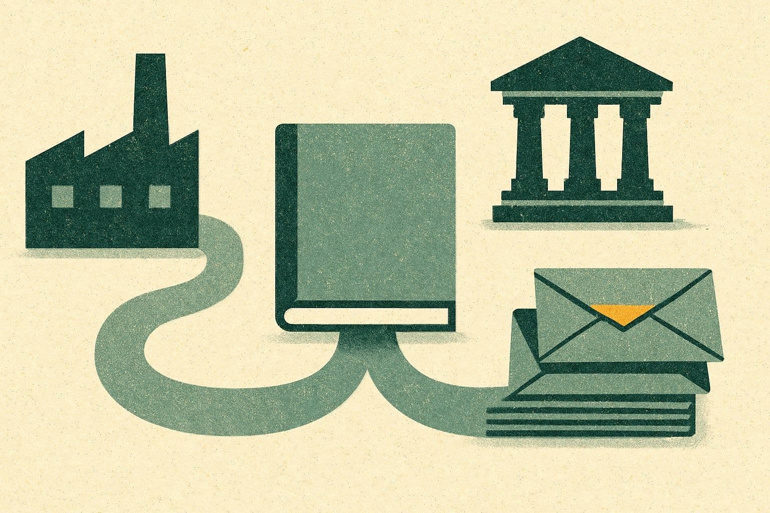 Illustration of a factory building with two paths leading to a courthouse, envelopes, and a large binder.