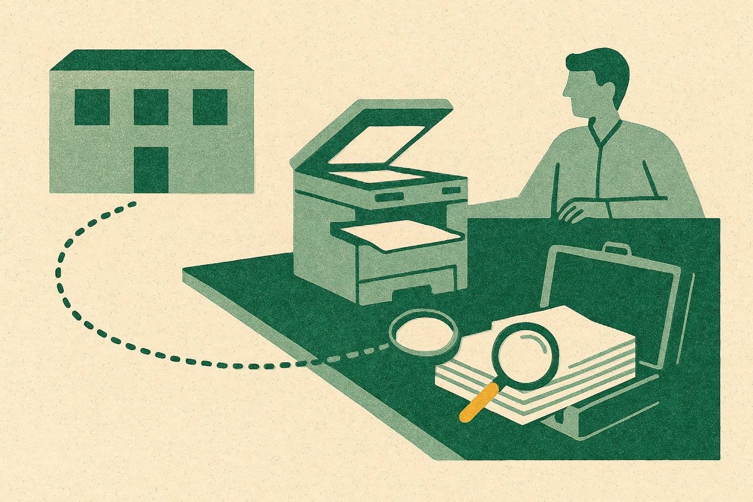 Illustration of a photocopier on a desk beside a stack of copied pages and a magnifying glass, with a dotted path from a building to an open briefcase