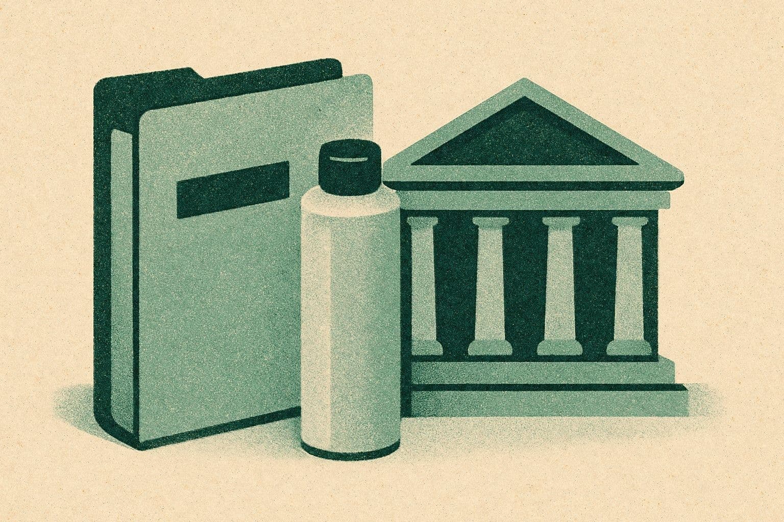 Illustration of a plain folder, a simple foam canister, and a courthouse grouped together on a desk.