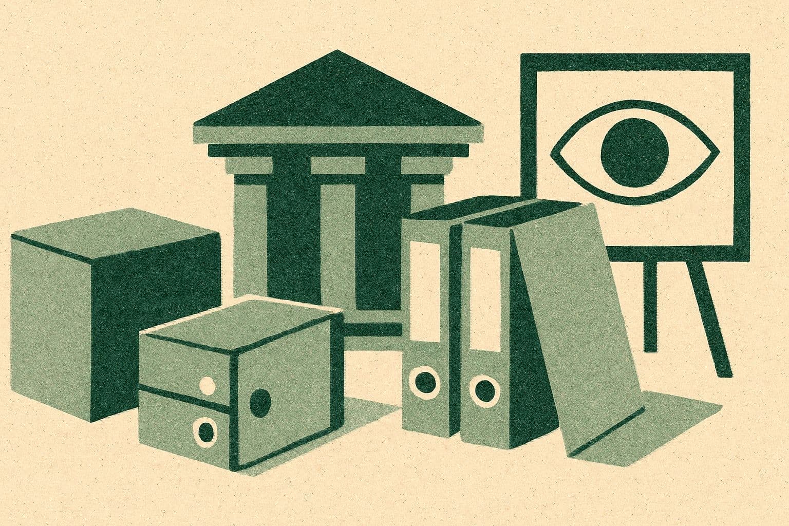 Illustration of a product box, courthouse, binders, and a simple eye chart board with a folder.