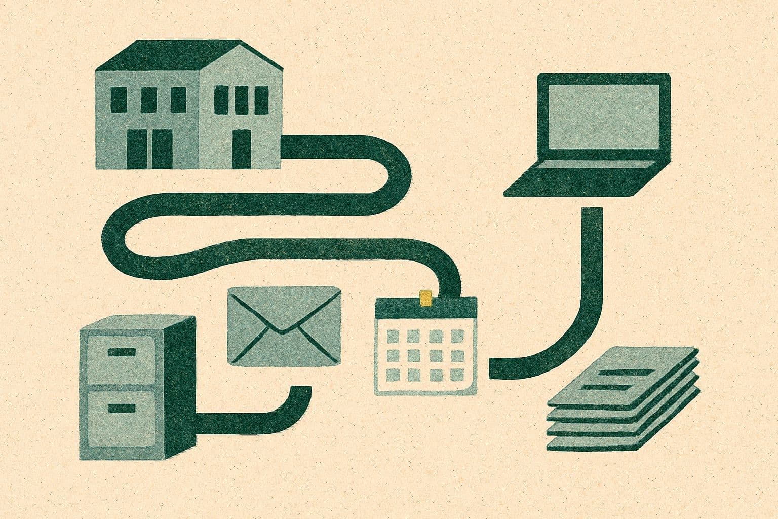 Illustration of a clinic with a long path through a cabinet, envelope, calendar, and a short path to a laptop.