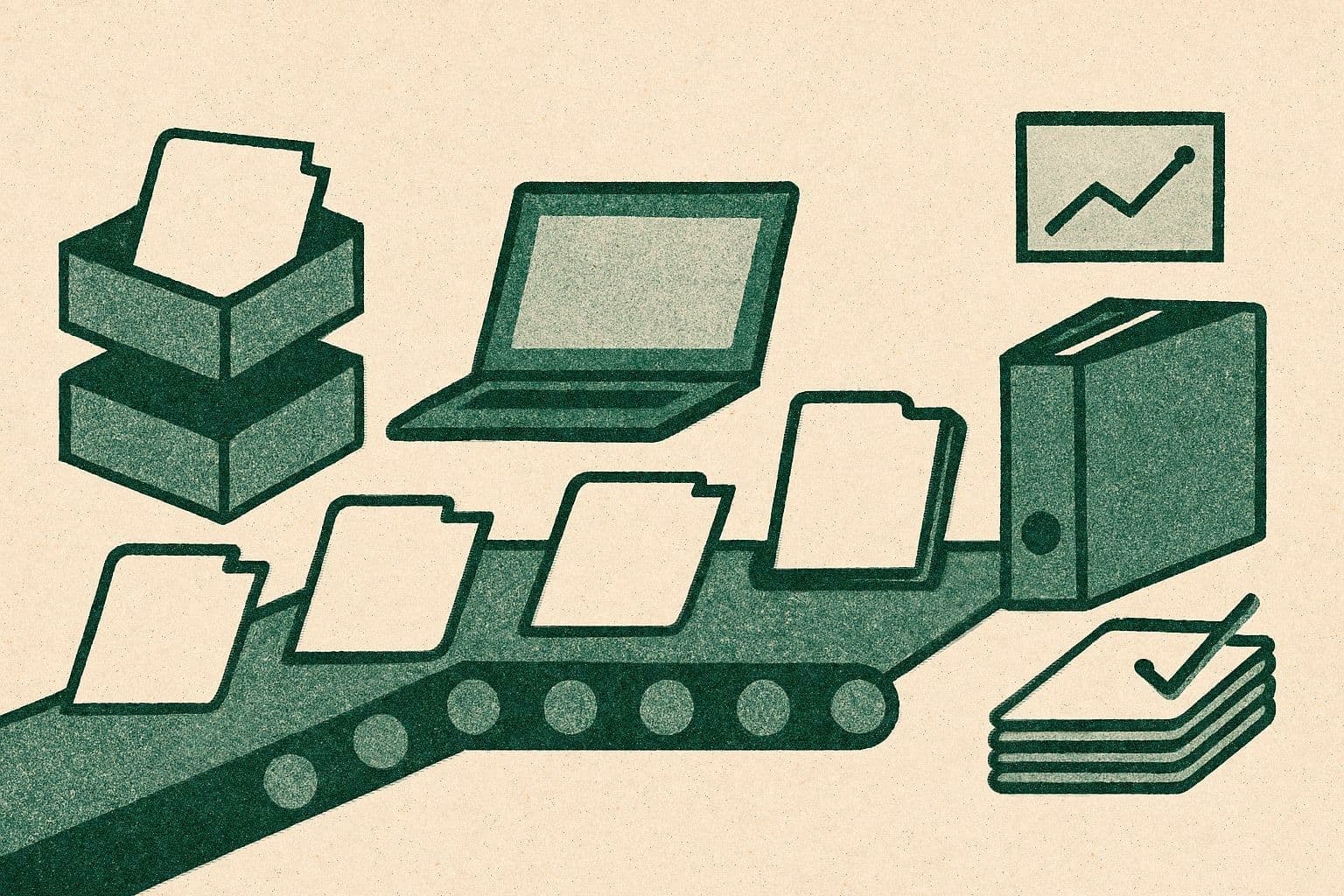 Illustration of folders moving from boxes to a laptop and binder, with a chart and QA stack.