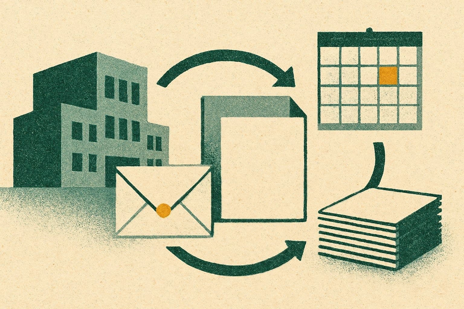 Illustration of a clinic building, envelope, plain document, wall calendar, and stack of pages linked by a path.