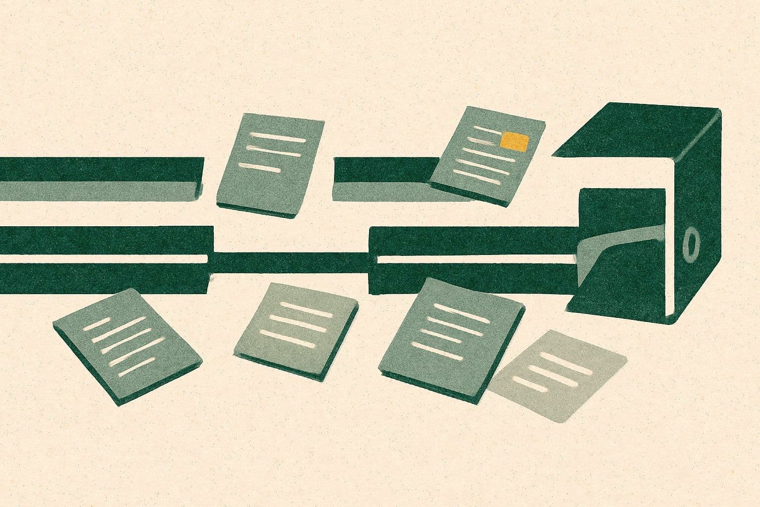 Illustration of a broken timeline strip with out-of-order documents, a gap, and a closed binder