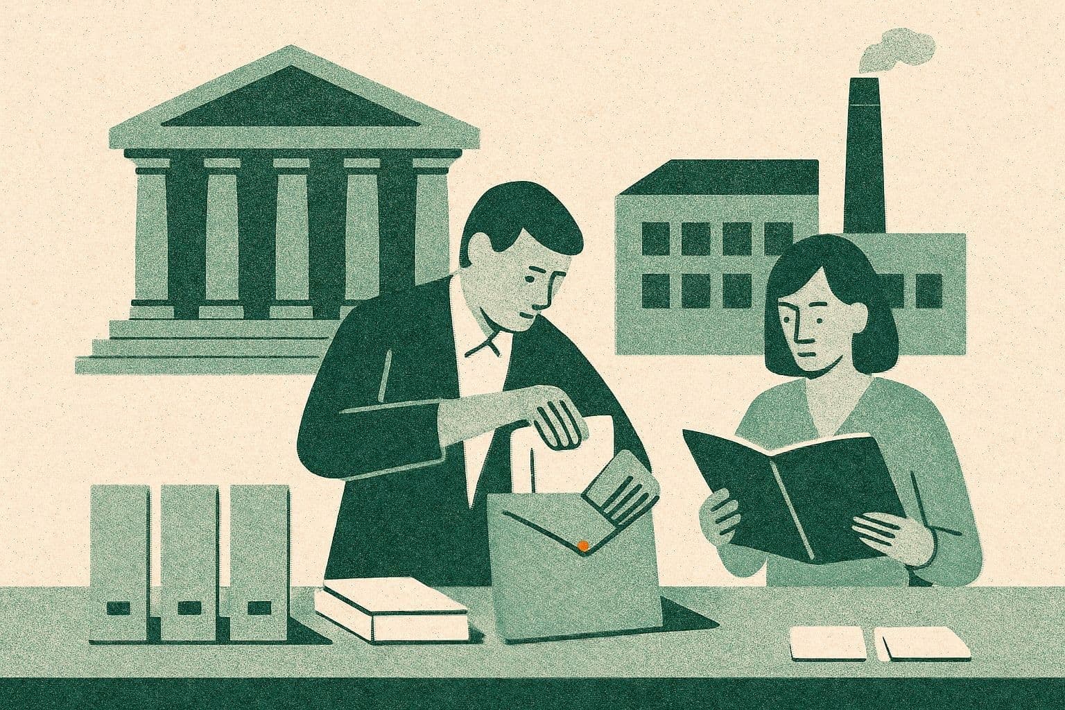 Illustration of two office figures, archive boxes, a large envelope, binder, courthouse, and factory with few boxes left.