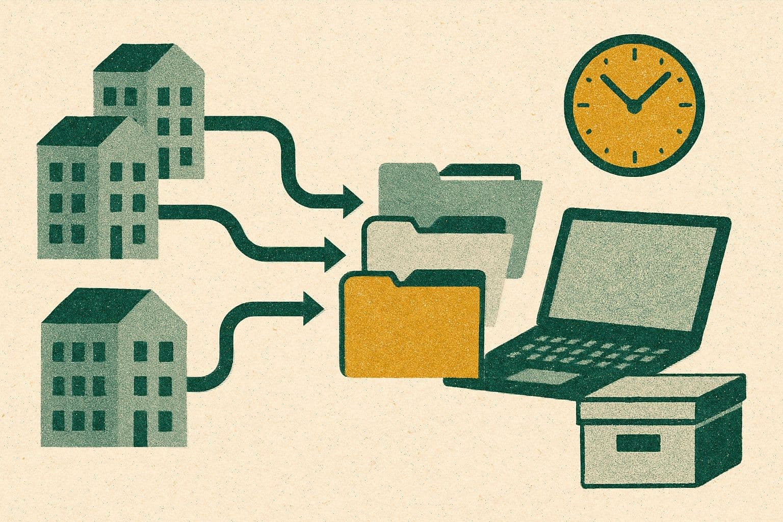 Illustration of three clinic buildings, three folders, a laptop, a clock, and an archive box.
