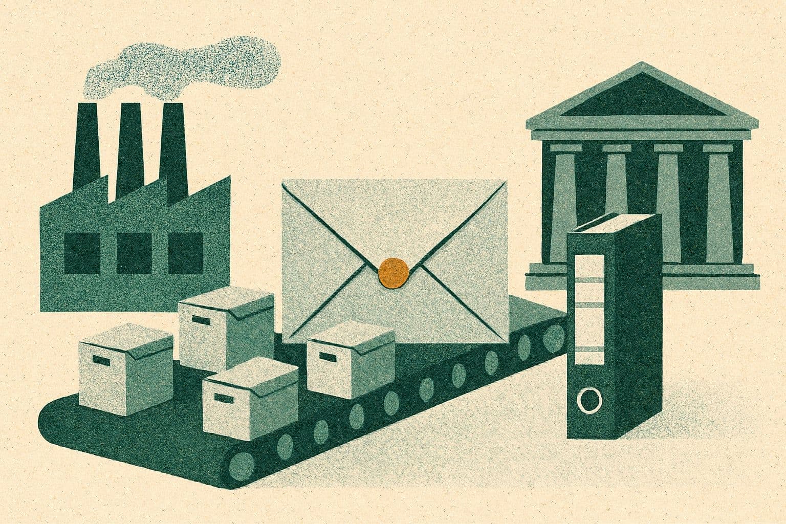 Illustration of factory and courthouse buildings with a conveyor of archive boxes leading to an envelope and binder.