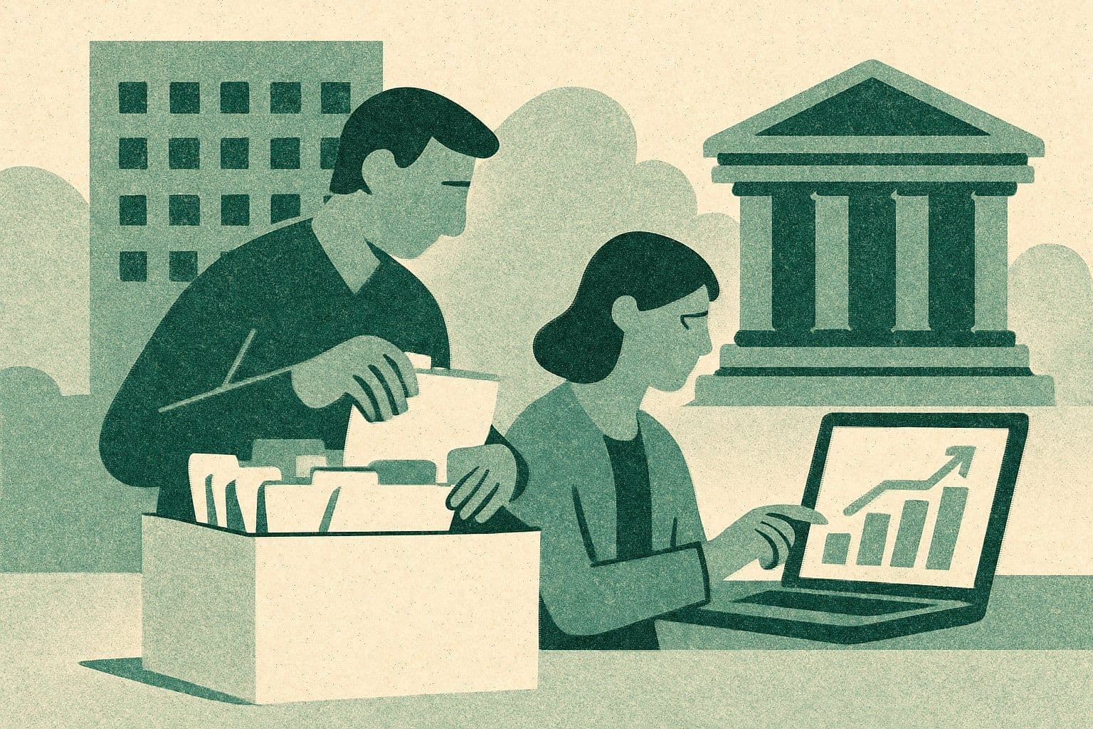 Illustration of two office figures sorting folders into a box, with a laptop, chart, office, and courthouse.