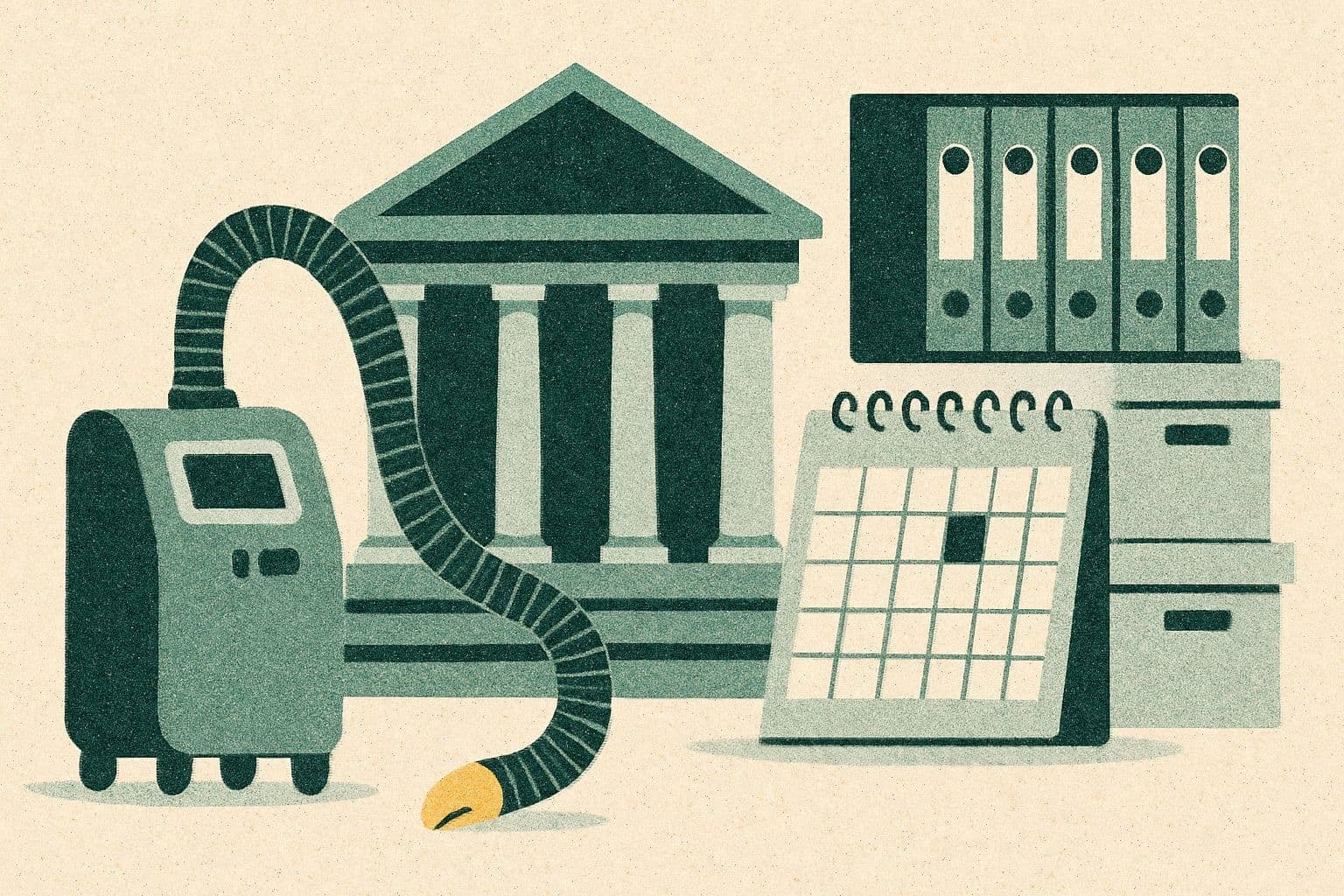 Illustration of a simple warming machine with hose, courthouse, binders, calendar, and file boxes.