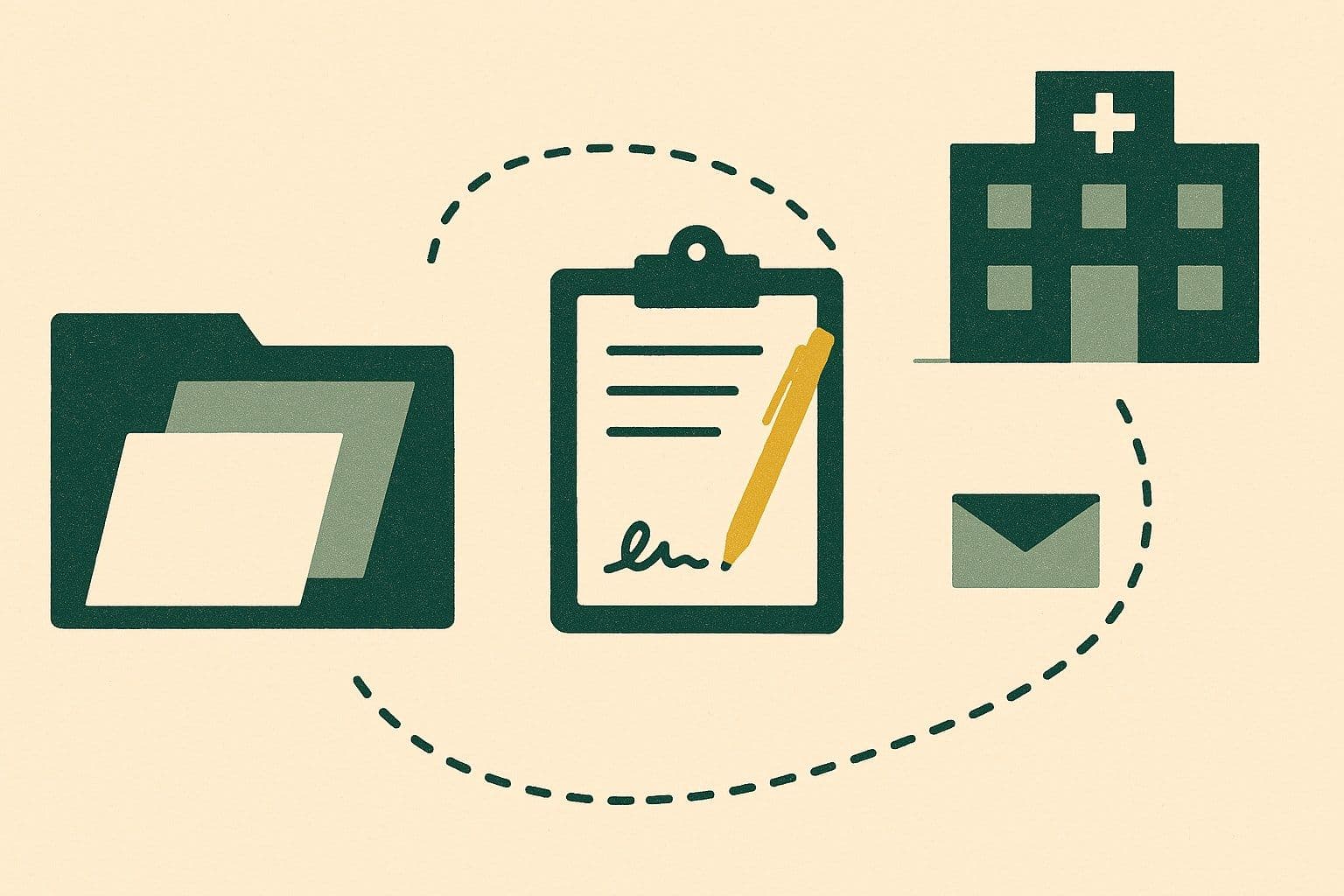 Illustration of an open case file, a clipboard with a signed form and a pen, and a hospital, linked by a dashed path that returns to the file with an envelope