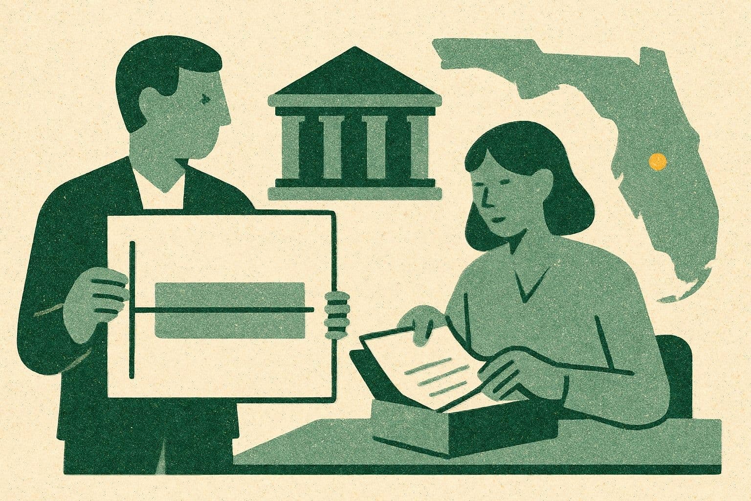 Illustration of two office figures, a chart, documents, folder, courthouse, and Florida map shape.