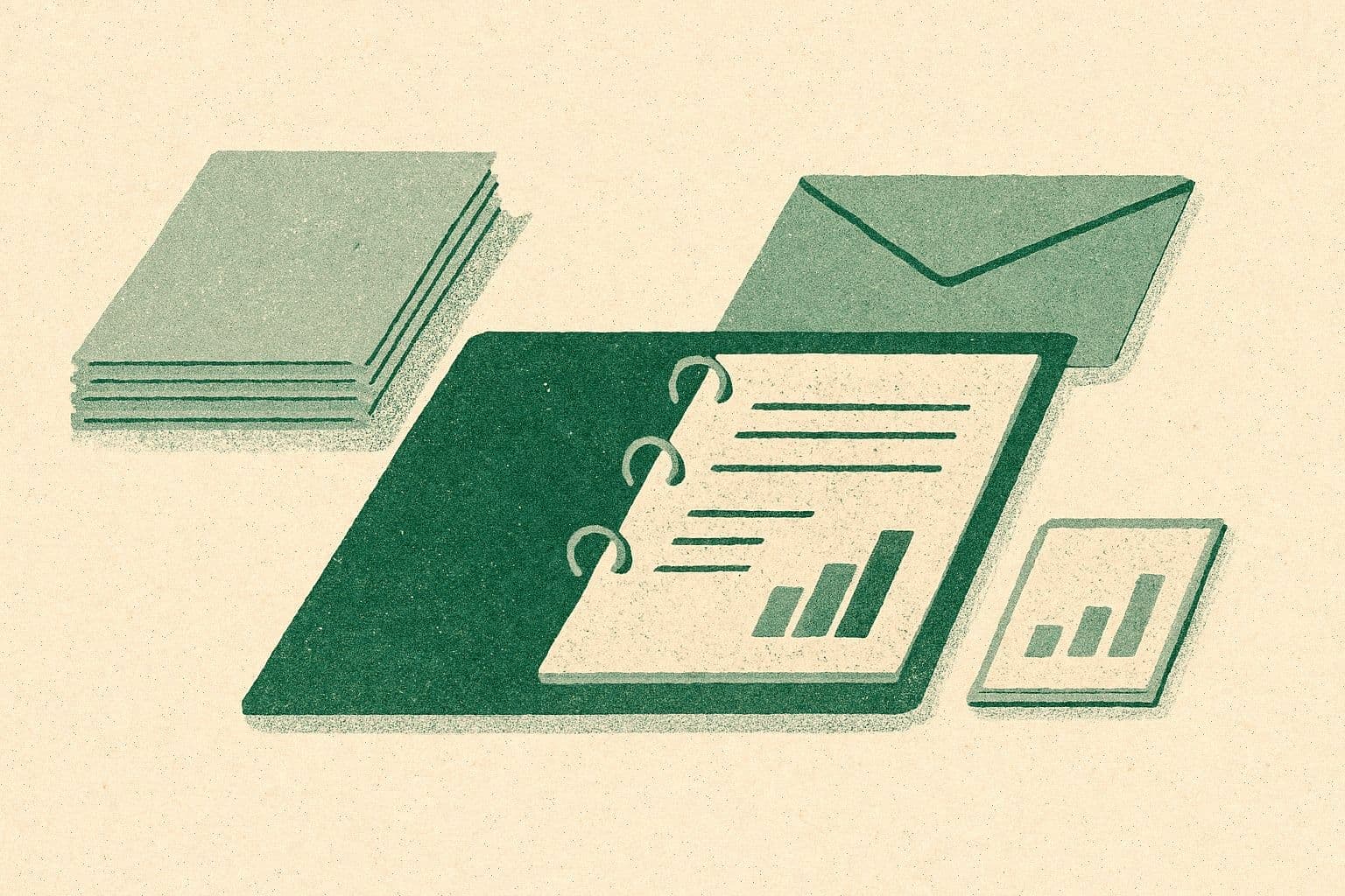 Illustration of a document stack, open binder, envelope, and small chart arranged on a desk.