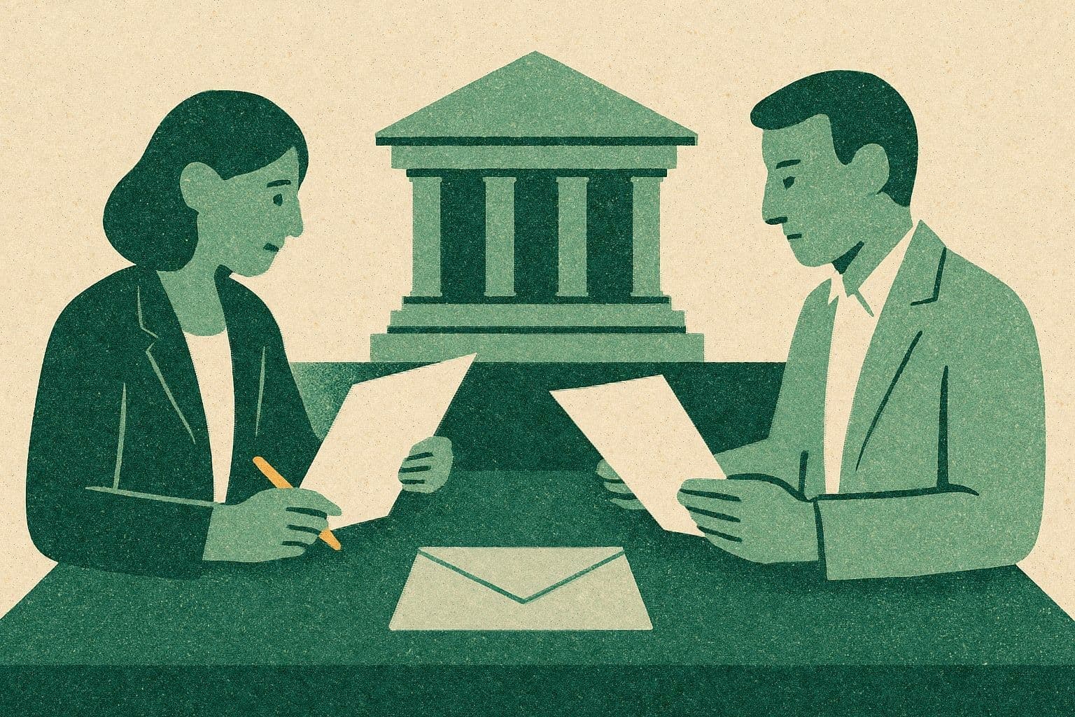 Illustration of two office figures reviewing documents across a table with an envelope and courthouse.