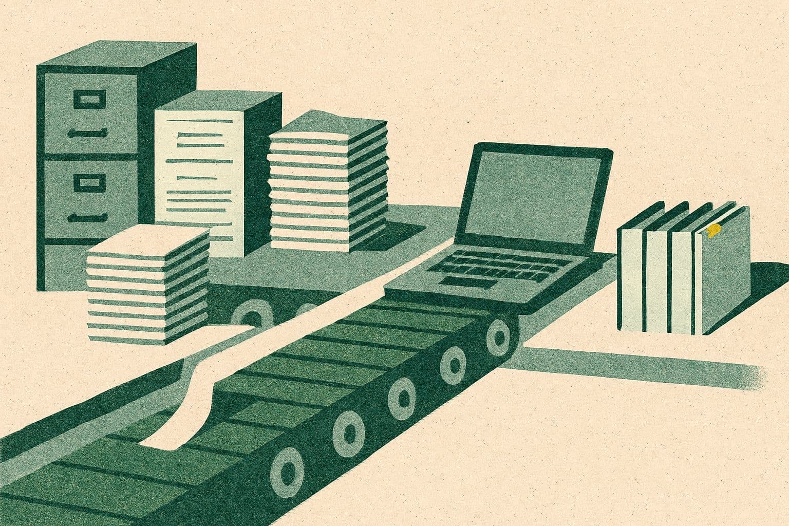 Illustration of filing cabinets and document stacks feeding by conveyor to a laptop and row of folders.