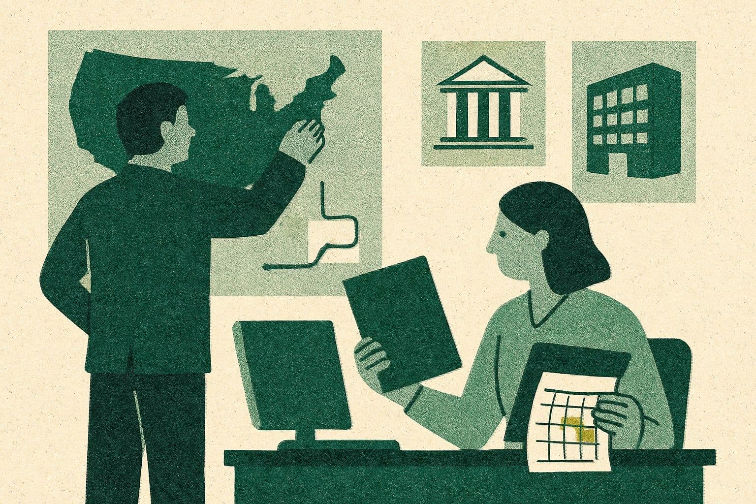 Illustration of two office figures with a map, chart, folder, calendar, courthouse, and office building.