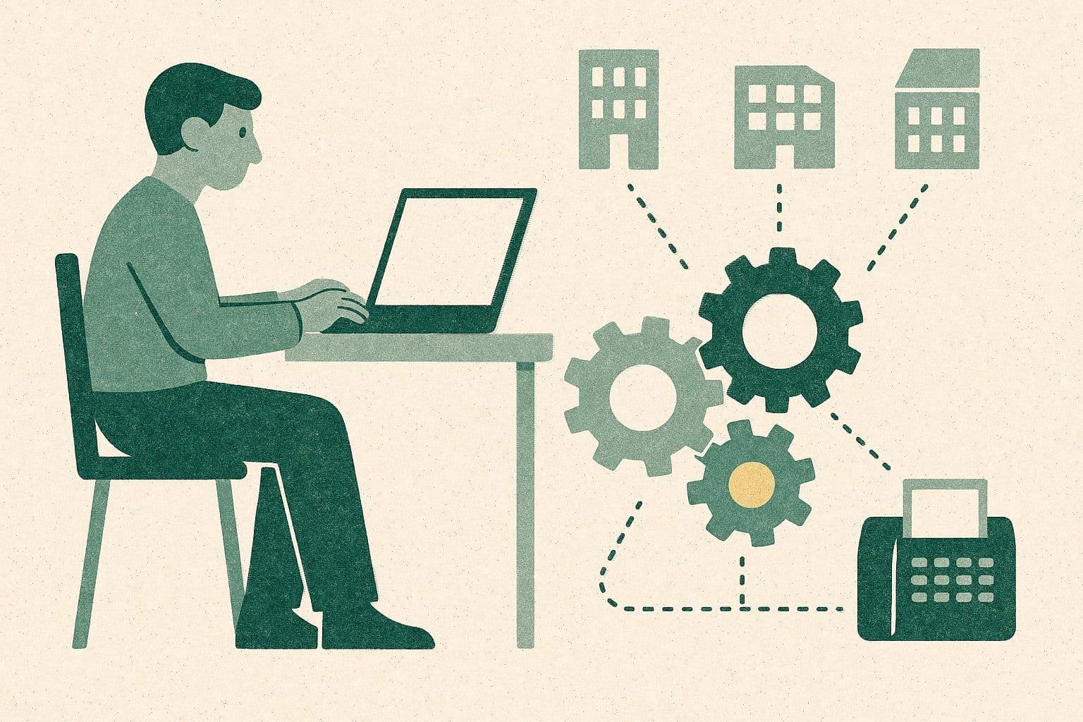Illustration of a person typing on a laptop at a desk beside a set of interlocking gears linked by dotted lines to three provider buildings and a fax machine